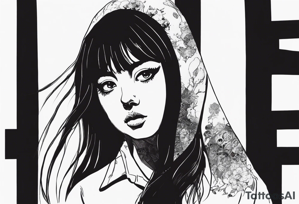 portrait of tomie standing up a character by the horror author junji ito full body standing menacingly.  a mole below her left eye.  add more horror and gore elements tattoo idea