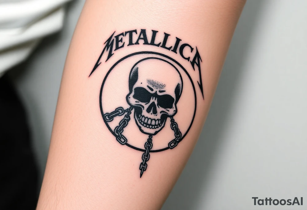 A heavy metal skull with chains hanging down, surrounded by circle with “Metallica” written in bold, fiery letters above it tattoo idea