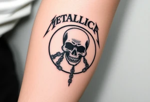 A heavy metal skull with chains hanging down, surrounded by circle with “Metallica” written in bold, fiery letters above it tattoo idea