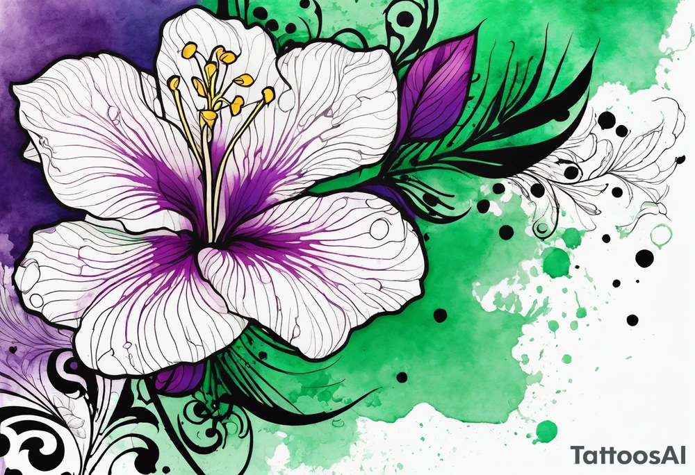 An outline of a rio dipladenia flower with a green and purple watercolor blotch splatter in the background tattoo idea