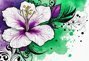 An outline of a rio dipladenia flower with a green and purple watercolor blotch splatter in the background tattoo idea