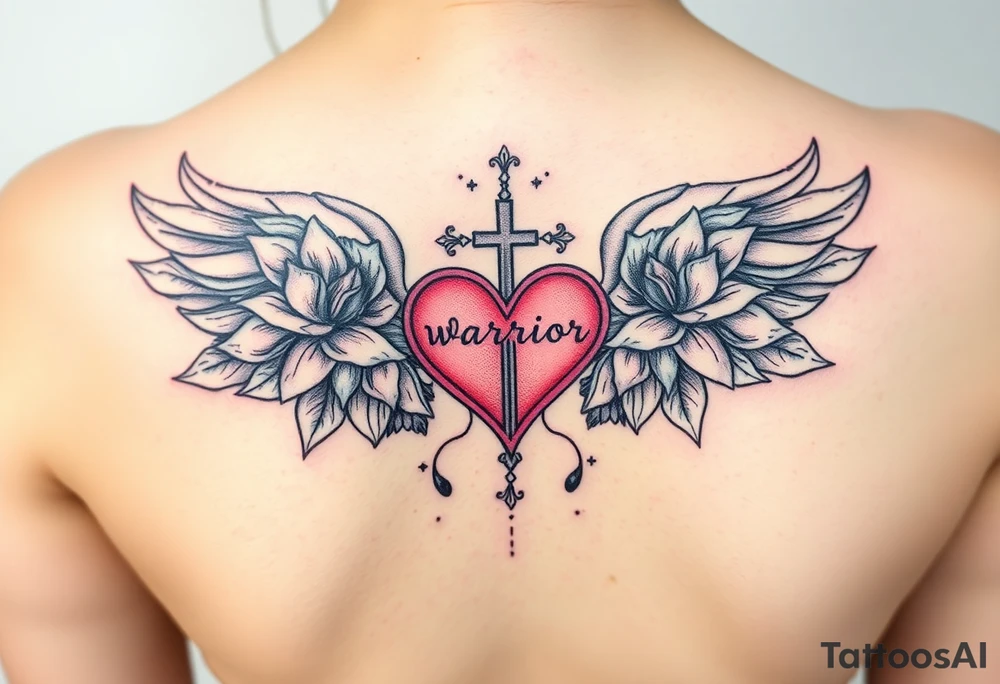 lotus flowers beautiful angel wing with word "Warrior" bold heart majestic cross tattoo idea