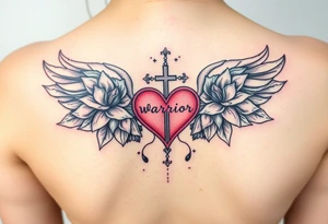 lotus flowers beautiful angel wing with word "Warrior" bold heart majestic cross tattoo idea