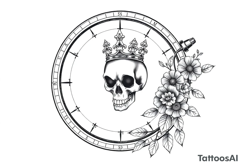 Compass with detailed beautiful gothic boho flowers on vine and skull with gorgeous crown tattoo idea