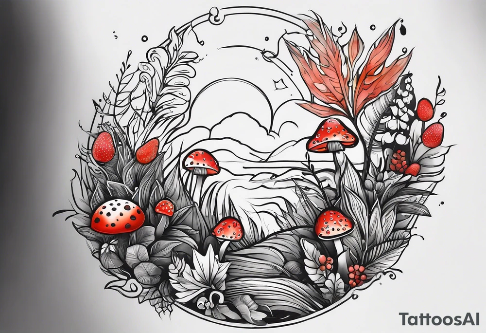 forest floor inspired tattoo, which includes grass, curly ferns and dead leaves as the bulk of the tattoo. details to include: three  tiny strawberries, couple of very small mushrooms, a tiny bumblebee flying nearby tattoo idea