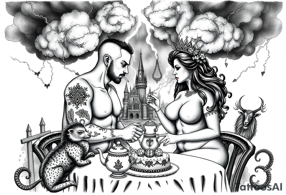 Naked Man and woman having sex Storm lightening clouds gothic sexy naked fat lady having a tea party with tea pot and medieval castle
with a pigglets, peacock, noose, lion, goat, smoking cigerettes looking in the mirror eating a cake thru storm clouds with razor blades and broken hearts and darkness and wrath, envy , gluttony, greed, sloth, pride kill tattoo idea