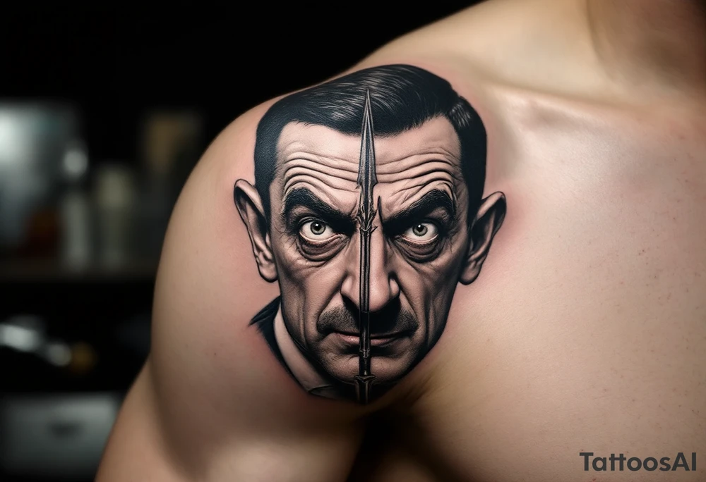 close-up mr bean behind a trident tattoo idea