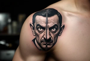 close-up mr bean behind a trident tattoo idea