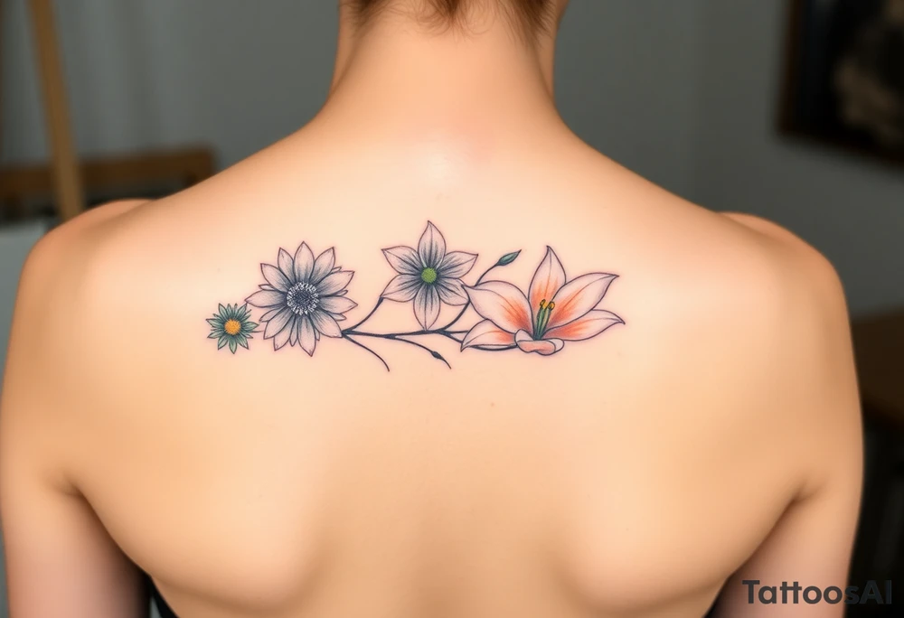 This tattoo is on a woman. It is a line of flowers connected by a single stem. It starts on her left side of the chest with a Glaiolus and Daisy together, then the tatoo rises over the left shoulder and down the arm and ends at the elbow. The tattoo will include a primrose, Calla Lily, and a Lilly. It will be light on color except in the petals and has light shading to make it pop. tattoo idea