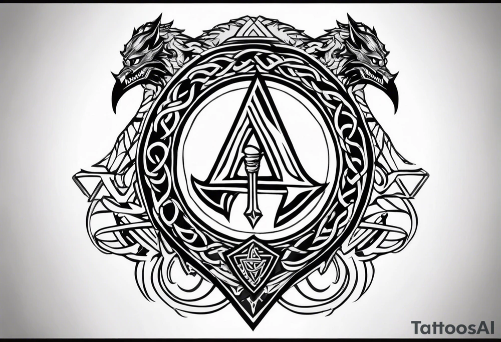 Valhalla sword shield dragon axe Valknut barbed wire chains tribal tattoo idea Valhalla sword shield dragon axe Valknut barbed wire chains tribal tattoo idea