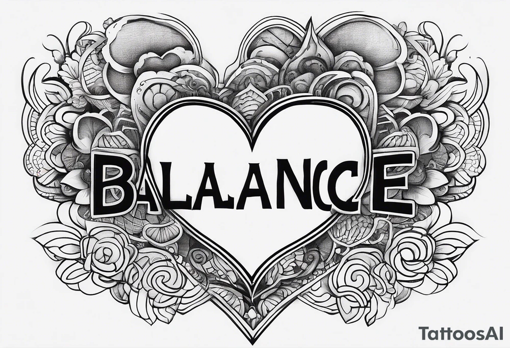 Heart bottom left a backslash line containing the word balance mid way, brain top right tattoo idea