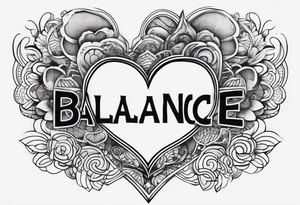 Heart bottom left a backslash line containing the word balance mid way, brain top right tattoo idea