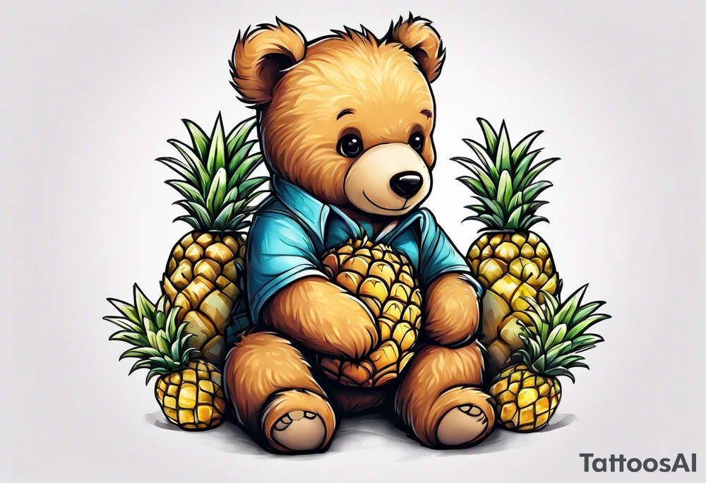 Teddy bear hugging pineapple tattoo idea