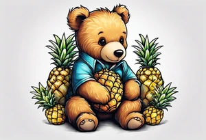 Teddy bear hugging pineapple tattoo idea