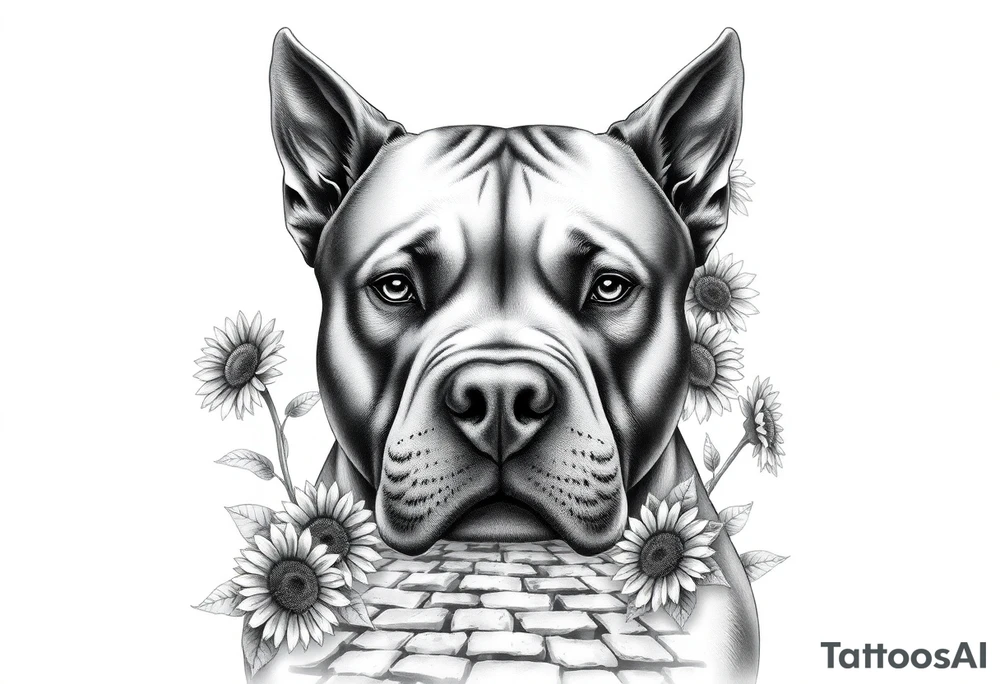 Very thick muscled up pitbull portraits fading into the background as filler incorporate sunflowers, an old road made from pavers tattoo idea