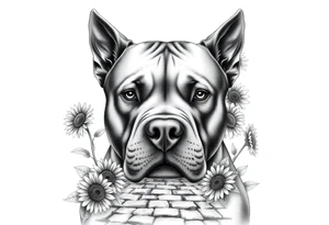 Very thick muscled up pitbull portraits fading into the background as filler incorporate sunflowers, an old road made from pavers tattoo idea