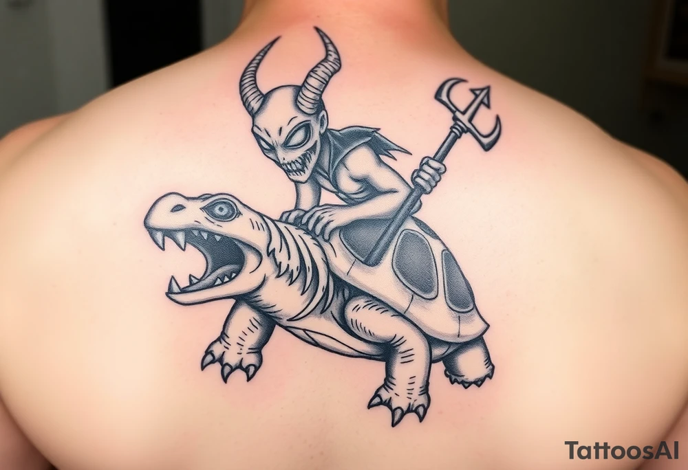 An insane human with alien eyes and the devils trident riding a turtle who has a giant open mouth and long teeth with ram tattoo idea