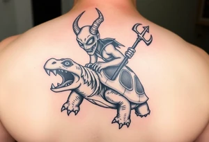An insane human with alien eyes and the devils trident riding a turtle who has a giant open mouth and long teeth with ram tattoo idea