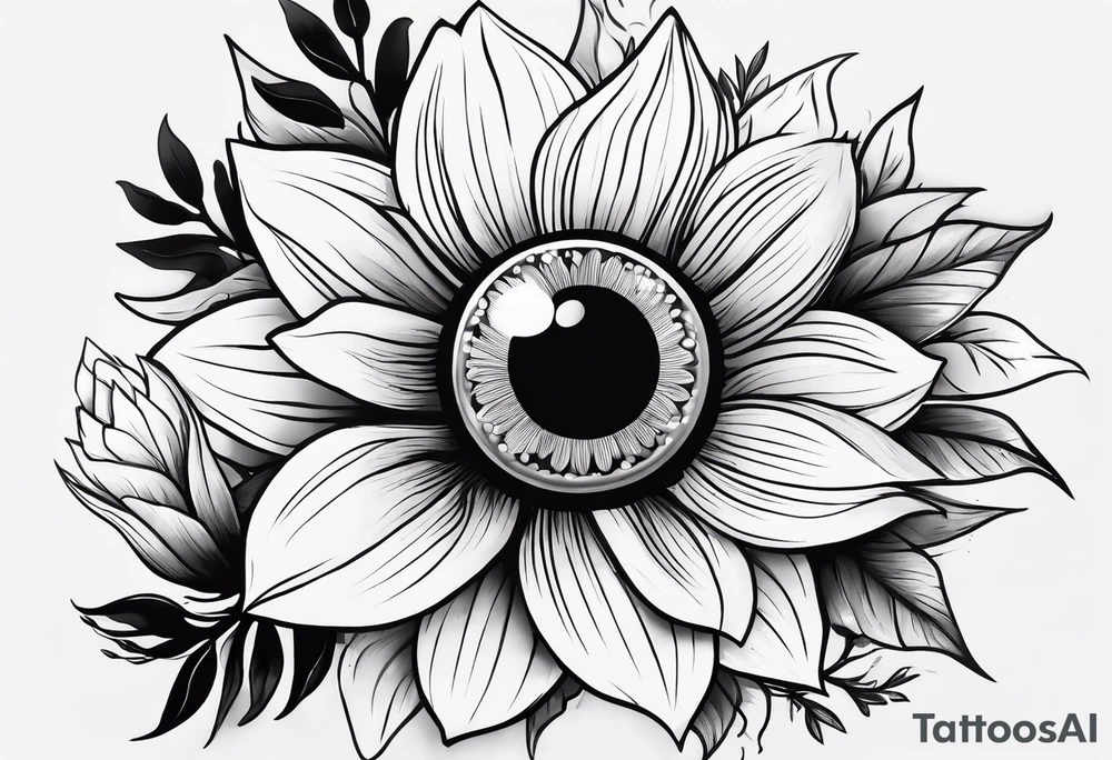 Flower with human eye in the center and petals falling tattoo idea