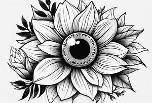 Flower with human eye in the center and petals falling tattoo idea