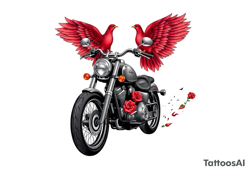 Harley grey motorcycle driving away, two red birds flying, roses, flames, angel wings tattoo idea