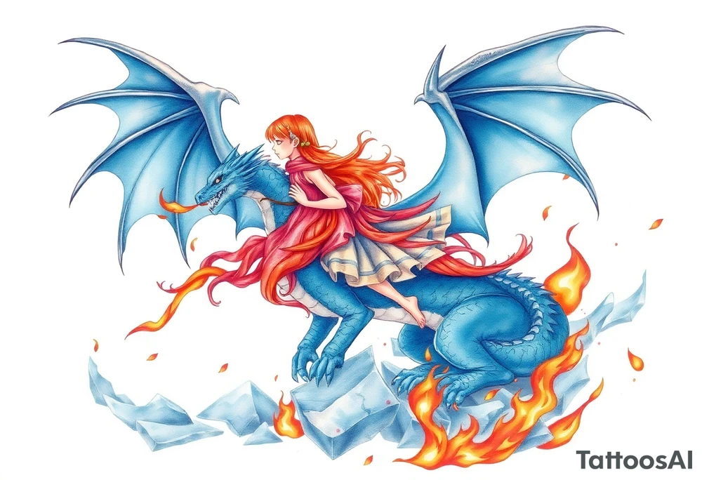 Redheaded girl on a blue dragon who is breathing fire with wings spread and flying over ice and flames tattoo idea