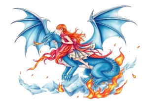 Redheaded girl on a blue dragon who is breathing fire with wings spread and flying over ice and flames tattoo idea