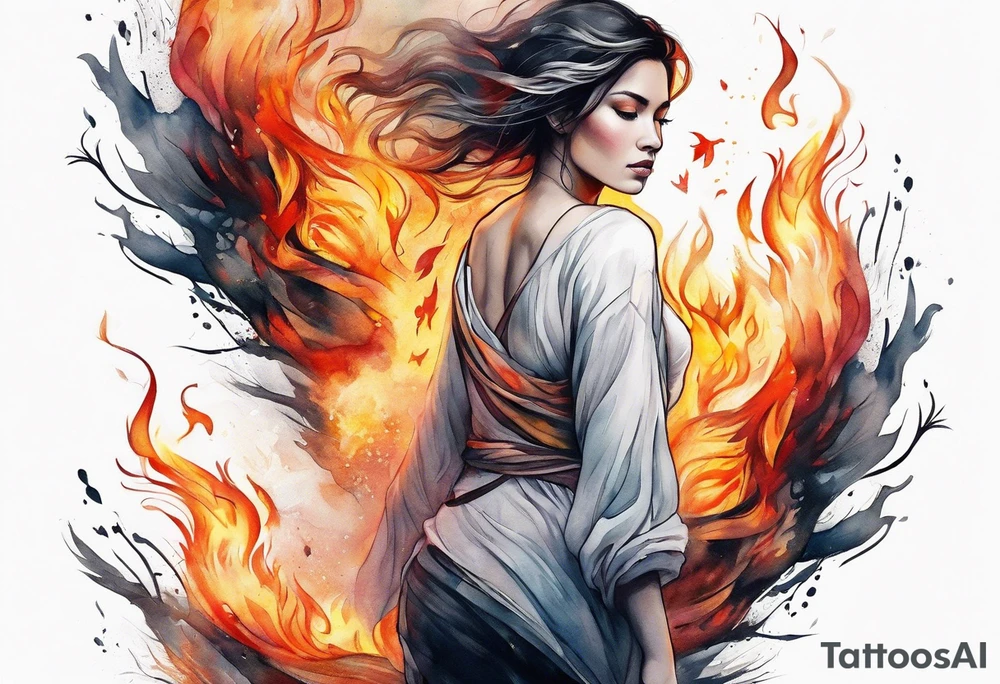Resurrection strength and courage Beautiful Woman walking away fire and chaos to inner peace and self-love  ethereal tattoo idea