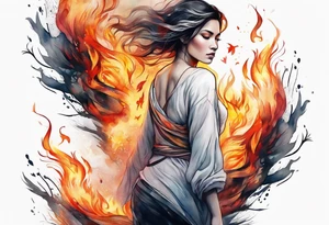 Resurrection strength and courage Beautiful Woman walking away fire and chaos to inner peace and self-love  ethereal tattoo idea