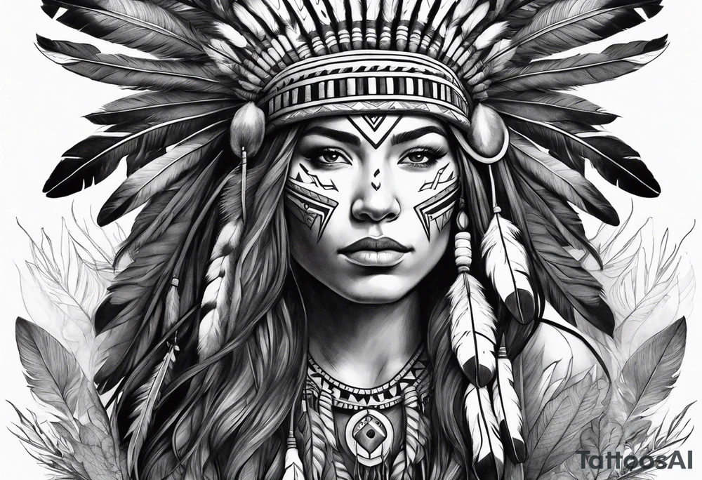 Native American, using a Native American war bonnet, with plants and nature behind her, half sleeve tattoo idea