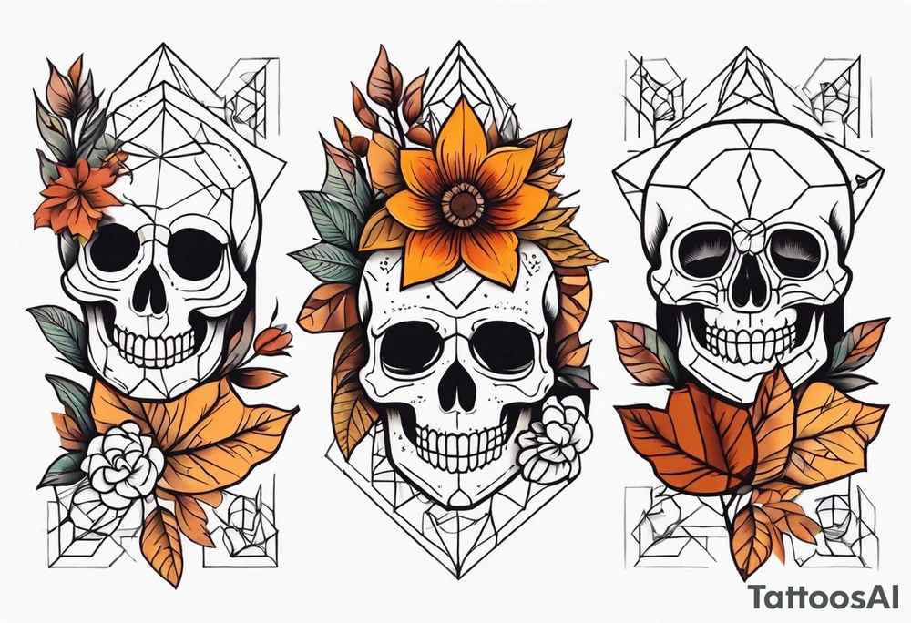 Knee tattoo with fall colors, flowers, skulls and geometric shapes. tattoo idea