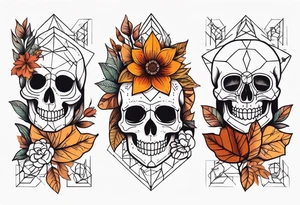 Knee tattoo with fall colors, flowers, skulls and geometric shapes. tattoo idea