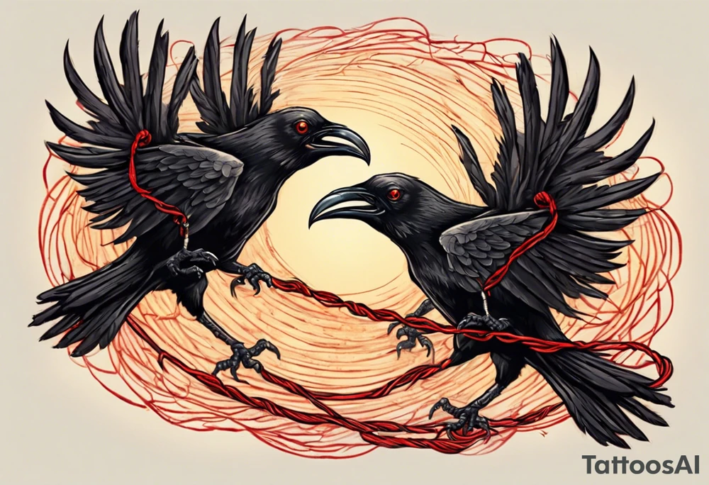 Two black crows flying into the sunset as they carry one long red string between them. tattoo idea