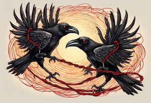 Two black crows flying into the sunset as they carry one long red string between them. tattoo idea