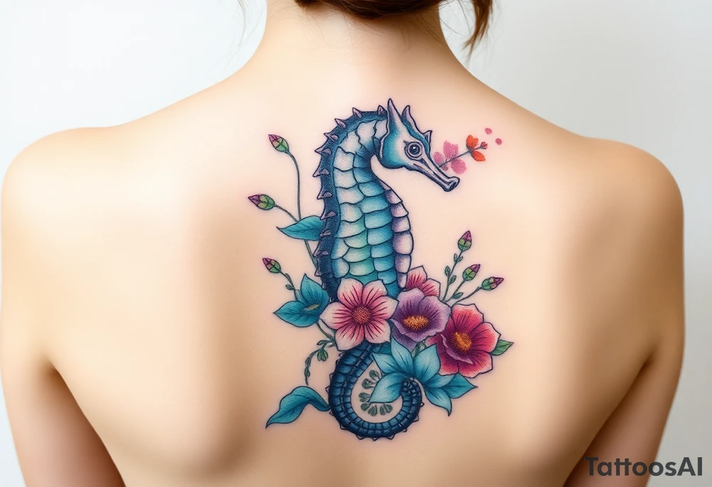 Sea horse flowers and waves tattoo idea