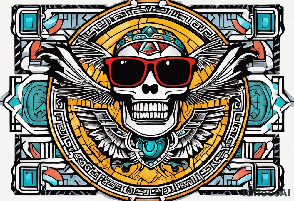 Colorful ancient Mayan hieroglyph made of stone wearing sunglasses reflecting Chichen itza and bats. tattoo idea
