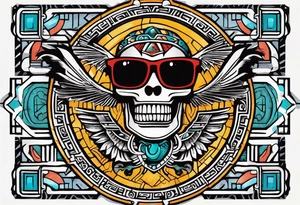Colorful ancient Mayan hieroglyph made of stone wearing sunglasses reflecting Chichen itza and bats. tattoo idea