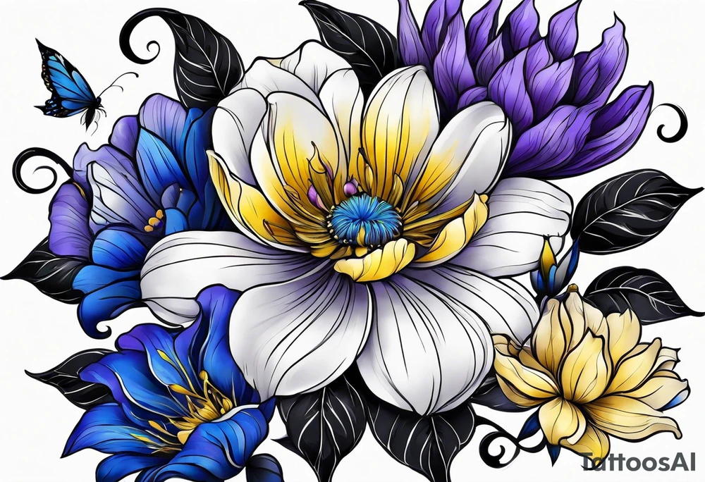 Blue yellow and purple flowers arm sleeve tattoo idea