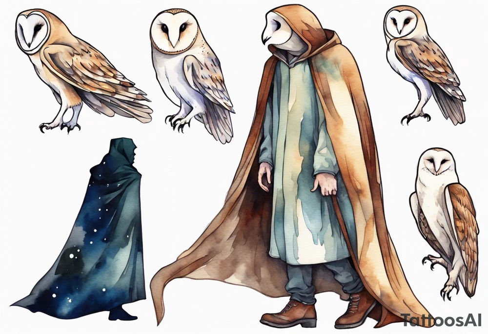 a thin man with the head of a barn owl and a medieval cloak walking at night tattoo idea