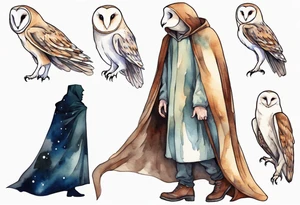 a thin man with the head of a barn owl and a medieval cloak walking at night tattoo idea
