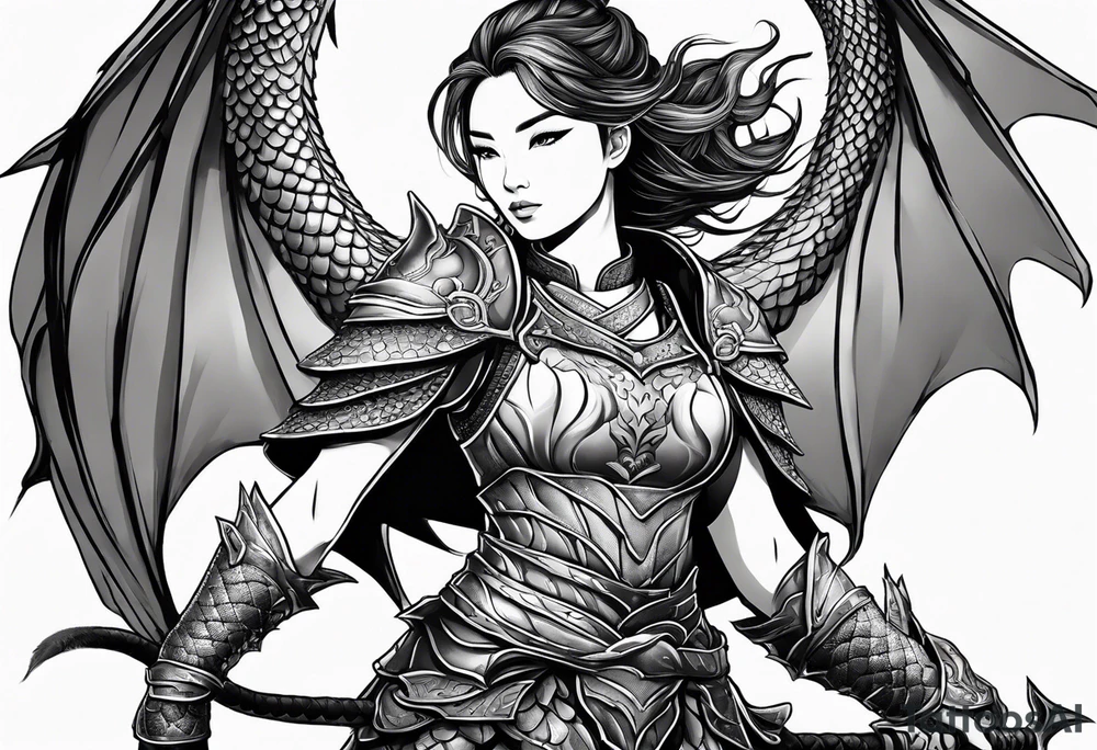 beautiful warrior woman wearing dragon armor and a dragon flying tattoo idea