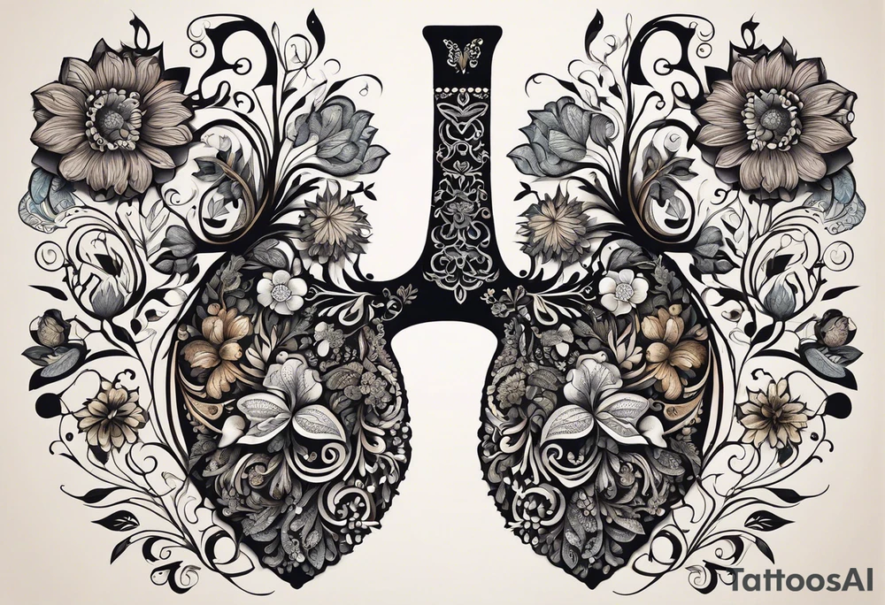 intricate and artistic arrangement of flowers and ornamental patterns that come together to form the shape of human lungs. The design should have a balance of delicacy and detail, with vibrant floral elements seamlessly intertwining to mimic the structure of the lungs, including the bronchi branching into floral motifs. Incorporate subtle shading and depth to give the tattoo a dynamic and organic feel, while maintaining elegance and symmetry, embraced by an octopus and butterflies flying around tattoo idea