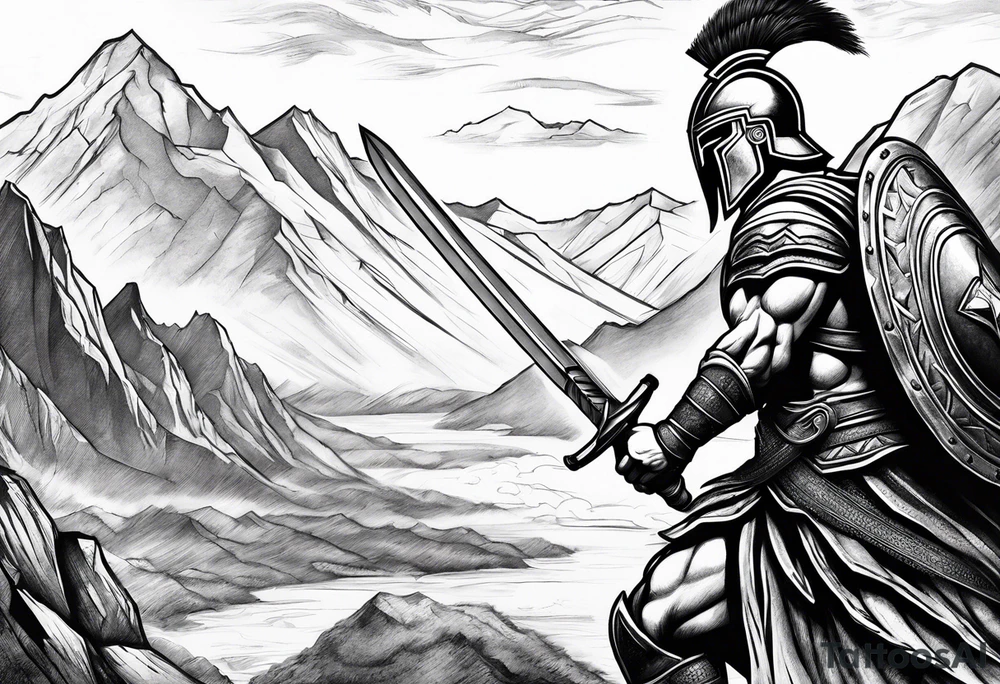 Spartan Warrior Wielding A Sword Surrounded By Mountains Tattoo Idea tattoo idea