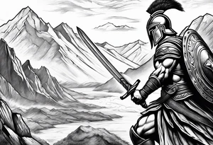 Spartan Warrior Wielding A Sword Surrounded By Mountains Tattoo Idea tattoo idea