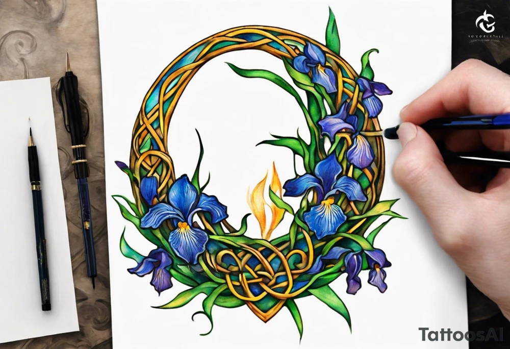 Create a small, colorful Vincent van Gogh Irises tattoo in the form of a crescent, with vines in Celtic knot style gracefully intertwining at a central point in the middle of the wreath. The intended placement is on the upper chest. The middle needs mountains. The overall design should be small in size while maintaining a delicate and artistic aesthetic. Pay attention to the graceful flow of the vines and the placement of the irises to achieve a refined and elegant look. tattoo idea