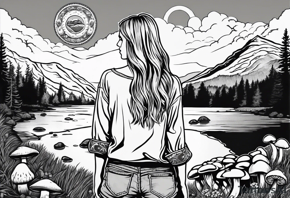 Whole picture encircled fully

Straight long blonde hair hippie girl in distance holding mushrooms in hand facing away toward mountains and creek surrounded by mushrooms long sleeve shirt and hiking pants; whole rendering within a full circle, no cut off circle tattoo idea