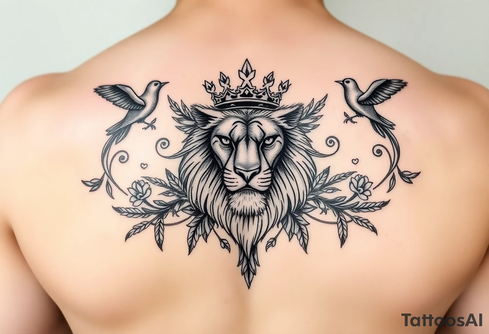 powerful majestic lion with a crown, surrounded by floral ornaments and birds tattoo idea