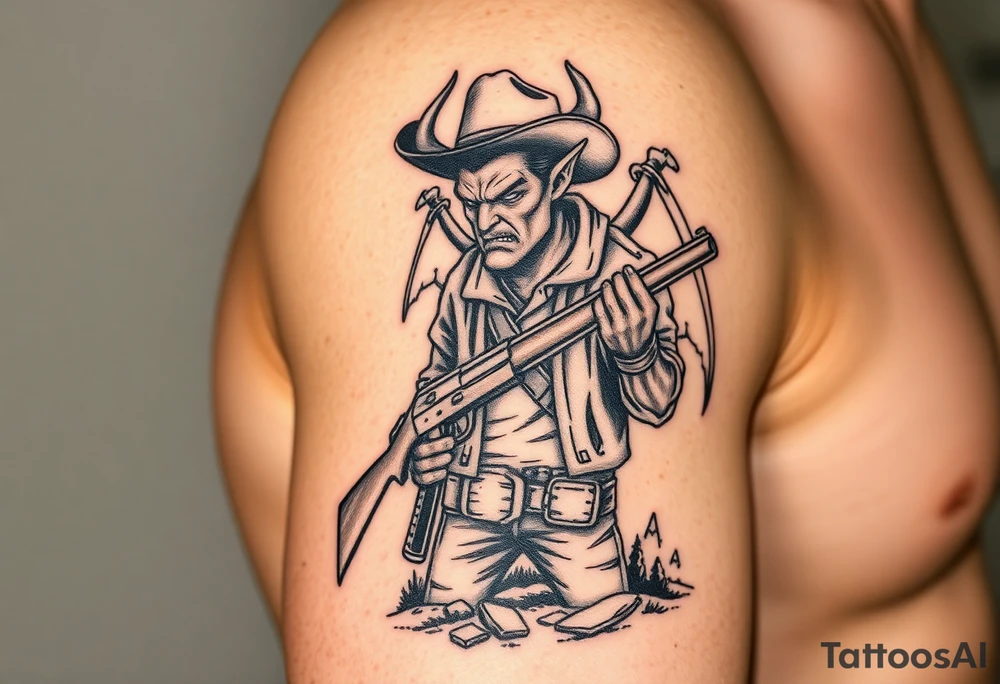demon in cowboy-clothing,big gun,landscape,cowboy-hat. tattoo idea