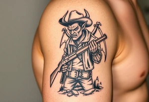 demon in cowboy-clothing,big gun,landscape,cowboy-hat. tattoo idea