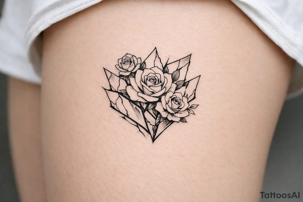 Roses blooming within jagged, shattered mirror shards, sharp edges. tattoo idea
